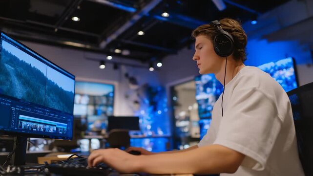 40Inside a bright creative studio, a young person sits with headphones on, editing footage on a vivid screen, shadows and highlights shaping the room&rsquo;s clean angles, ambient glow fro