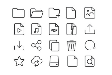 Icon set for file management and media: folder, document, image, music, pdf, zip, share, cloud