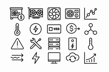 Cryptocurrency mining equipment and data analysis icons collection