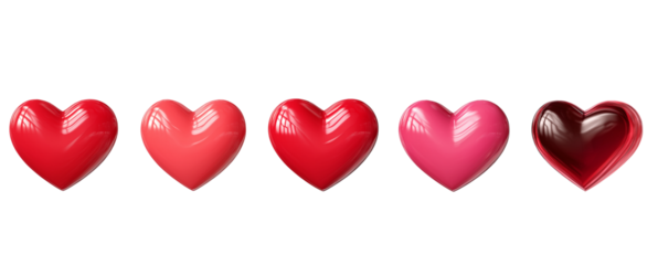 Five Red and Pink Heart Shapes isolated on a transparent background