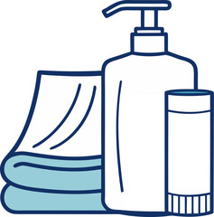 Single-color line art of a simple pump bottle of hand sanitizer next to a folded cloth, white background.