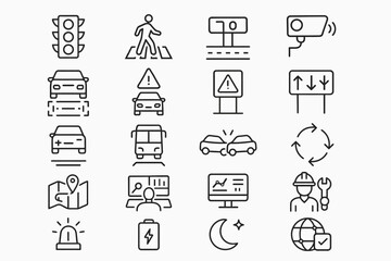 Traffic and safety icon set featuring cars, signs, and cameras
