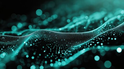 Abstract glowing particle wave with connecting lines and mesh, visualizing data flow, network communication, ai and futuristic digital systems in a dynamic tech background