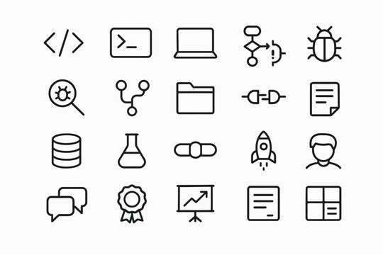 Minimalist technology icons: data, code, and innovation elements