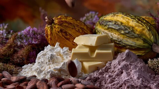 47A vibrant studio arrangement illustrating cacao&rsquo;s journey, with cracked pods, raw beans spilling forward, powder forming delicate trails, and glossy chocolate bars shimmering under