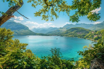 Visitors enjoy the clear blue lake nestled among mountains. Trees frame view and boats can be seen moving across water under bright sky