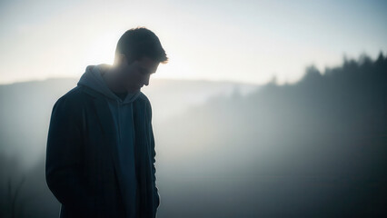 Contemplative man silhouette standing in foggy mountain forest.