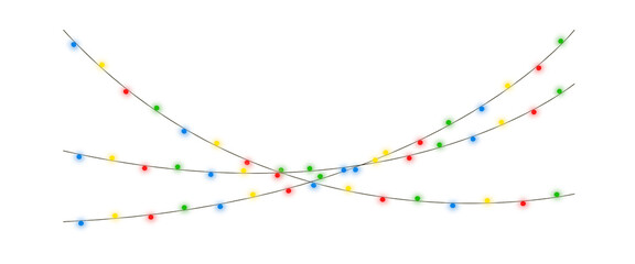Naklejka premium Realistic vector Christmas lights set, glowing colorful bulbs in red, blue, green, yellow. Hanging string light garlands with soft illumination Transparent Background