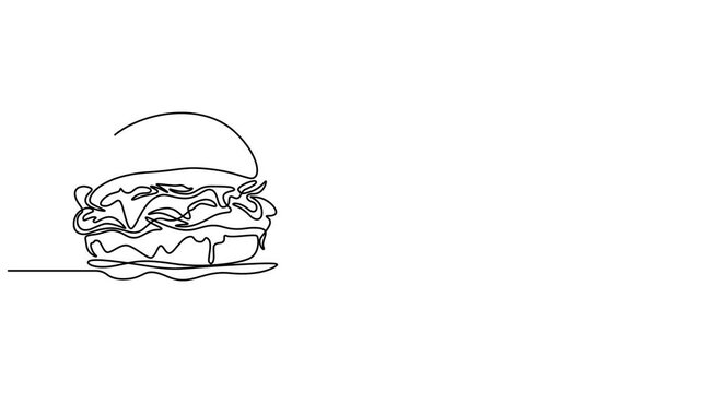 Burger. One line drawing animation with alpha channel, Animated self drawing of continuous line draw of Silhouette of fast food restaurant burger with cheese, cutlet and salad. Full length one line