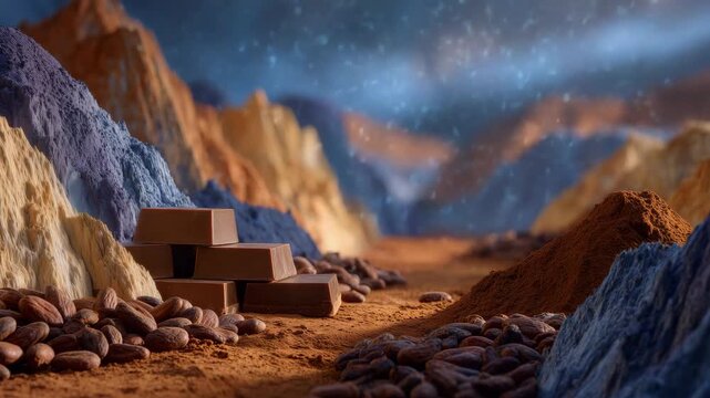 48A rich and immersive cacao landscape, where mounds of cocoa powder resemble dunes, beans form pathways, and chocolate blocks appear like miniature structures, photographed with dra