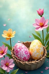 Delicate watercolor Easter eggs nestled amongst vibrant spring blooms , pastel, botanical