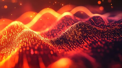 Abstract background showing a glowing red and orange digital waveform composed of countless illuminating particles representing data, information flow, and technological concepts