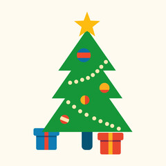 Christmas Tree Icon with Gift Boxes Decorative Ornaments and Clean Flat Vector Style