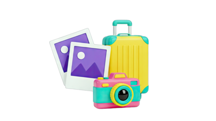 Travel Essentials: Photos, Camera, and Suitcase on White