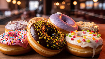 Colorful assorted donuts with creative toppings on wooden table