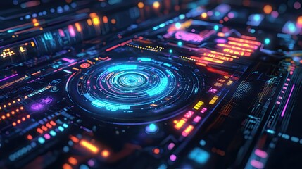 Digital circuit board with glowing neon elements represents data flow, future technology, high speed computing, and interconnected networks, driving innovation and cybersecurity concepts