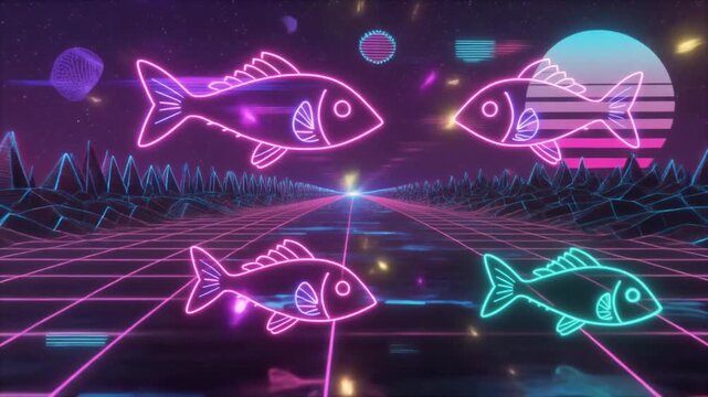 Neon glowing fish swimming in a retro-futuristic synthwave digital landscape with a grid and sunset.