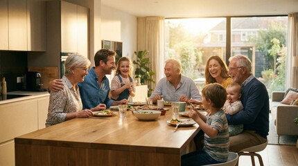 Happy Multi Generational Family Enjoying Lunch Together Around Large Kitchen Table

