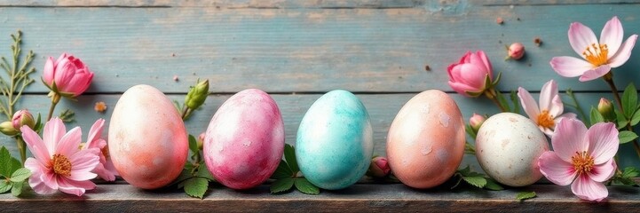Delicate watercolor painted eggs and blossoms on wood, easter, springtime, joy