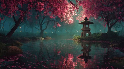 Pink cherry blossoms over tranquil pond reflecting a stone lantern in misty garden