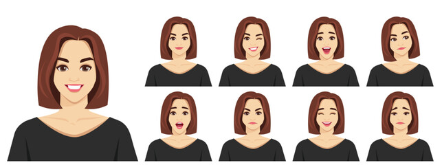 Business woman character set with different facial expressions. Avatar and emotion collection. Isolated vector illustration