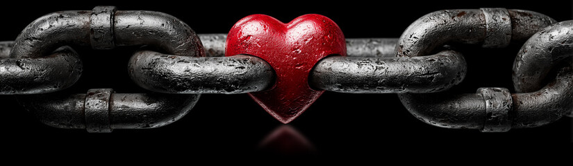 Extreme Close-up of a Single Red Heart Link in a Steel Chain. Isolated on a Black Background with Copy Space. Symbolizing Love Strength, Resilience and Unbreakable Bond. Generative Ai.