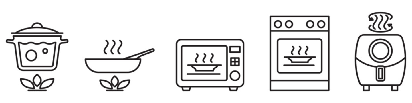 Kitchen appliance symbols linear icons for food preparation isolated on transparent background. Includes oven, frying pan, air fryer, pot, deep fryer, and microwave. Editable stroke.