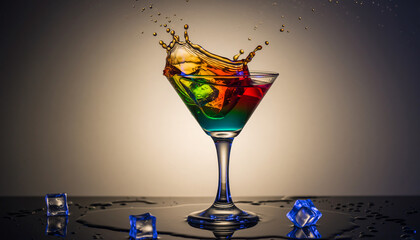 A vibrant, colorful cocktail splashing out of a martini glass with ice cubes.