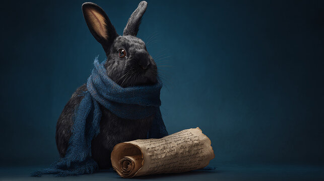 A studio shot of a black rabbit wearing a blue scarf and holding a scroll. The rabbit looks regal and elegant.