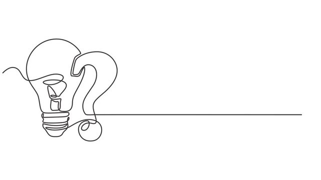 Animated self drawing of continuous line draw Quick tips. Continuous one line drawing of light bulb and speech bubble. Full length one line animation. 4K, Continuous one line drawing of question mark
