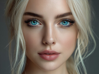 Blonde woman with strikingly blue eyes looking at camera