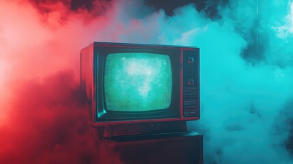Old television displaying screen noise surrounded by vibrant red and blue fog, creating a nostalgic retro aesthetic with a sense of technology and media