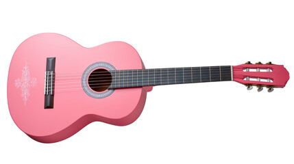 Fototapeta premium Pink acoustic guitar with floral pattern, wooden body, six string, classic design, isolated on transparency background, cheerful and playful musical instrument for beginner or child musician