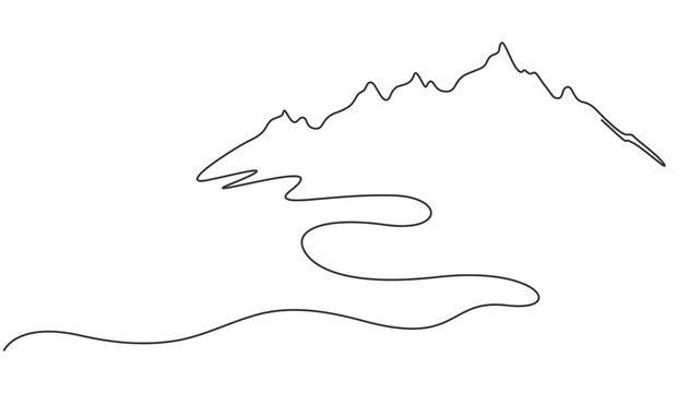 Mountain landscape continuous one line drawing animation video. Full length single line 4K video clip, motion graphic, Animated self drawing of One continuous line drawing of mountain range landscape.