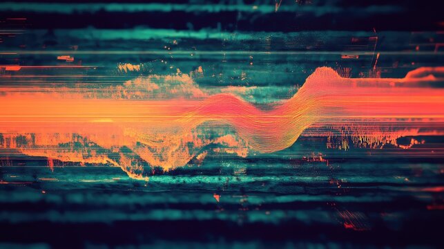 Abstract digital wave of glowing orange and red particles on a dark background with blue horizontal lines and glitch effects, showcasing data processing and technology concepts - Powered by Adobe
