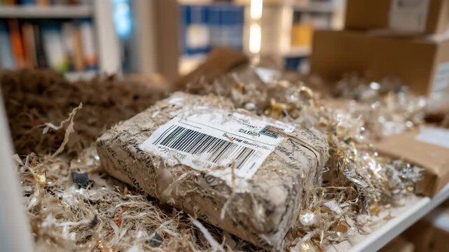 62Broken parcel wrapped in shredded tape with crushed barcode sticker, resting under a shelving unit surrounded by scattered packing material
