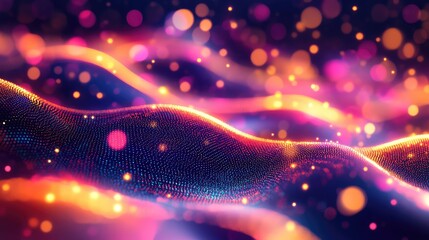 Abstract background presenting a flowing wave pattern composed of glowing digital particles and vibrant light dots, illustrating concepts of data flow, technology, and interconnected networks