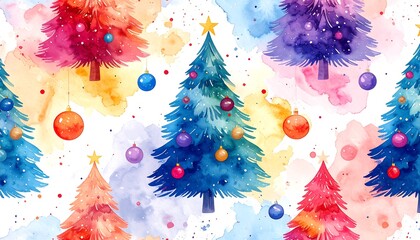 Colorful watercolor Christmas tree pattern with ornaments and a star against a white background with paint splatter