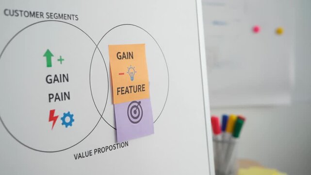 Customer segments gain pain and value proposition fit market needs with feature benefits for business planning and strategy on whiteboard
