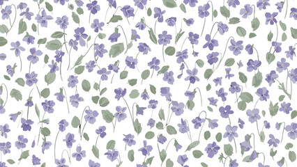 Delicate Seamless Pattern with Scattered Small Purple Violets and Green Leaves on Isolated White Background