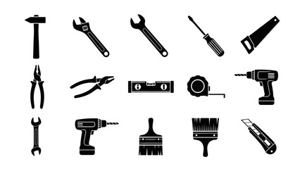Fototapeta premium Collection of black and white construction tools isolated on white background