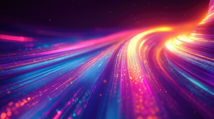 Abstract technology background showing glowing light lines and vibrant energy trails representing high speed data transmission and global digital communication across a connected network