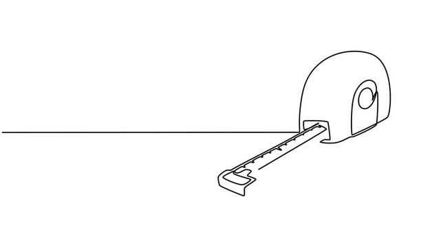 Self drawing animation one continuous line draw, logo, tape measure. 4k video, Tape measure. Roulette, repairs, builder, fix, building, house, master, build, home, measurement. Construction concept.