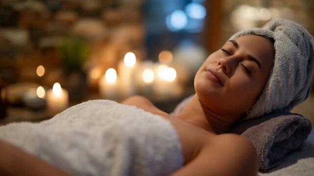 72Elegant wellness spa atmosphere, the woman lying on plush towels as heated stones absorb and radiate warmth, soft candlelight glows and diffuses throughout the serene space