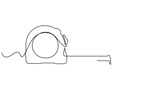 Self drawing animation one continuous line draw, logo, tape measure. 4k video, Tape measure. Roulette, repairs, builder, fix, building, house, master, build, home, measurement. Construction concept.