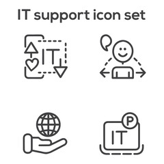 IT Support Icon Set: Technical Assistance, Help Desk, Service Management, Troubleshooting, Customer Care, and Digital Technology Symbols.