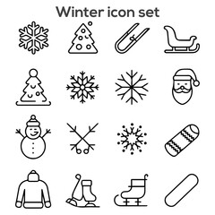 Cozy Winter Holiday Outline Icon Set: Snowflake, Christmas Tree, Santa Claus, Snowman, and Seasonal Activities Vector Graphics