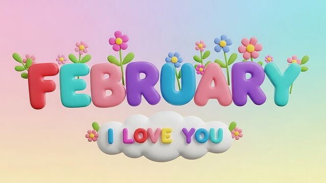 Cute February I Love You message in colorful 3D clay letters.