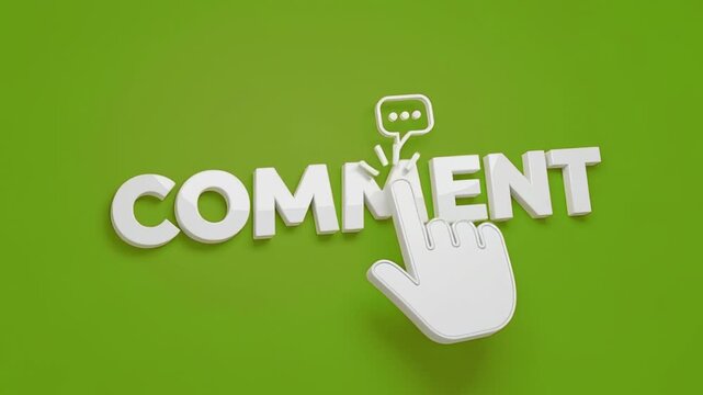 Comment Icon on Green Background: A hand cursor points to the comment word. Capturing the essence of digital interaction and online discussions on a vibrant green backdrop.