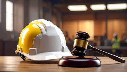Construction hardhat rests beside a gavel on a wooden table, blurred industrial background